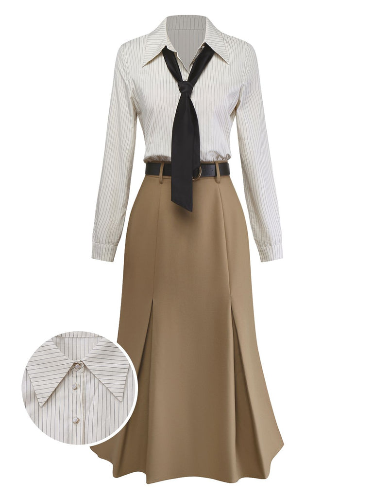 [Prevendita] Abito con cravatta staccabile e camicetta a righe cachi anni '30