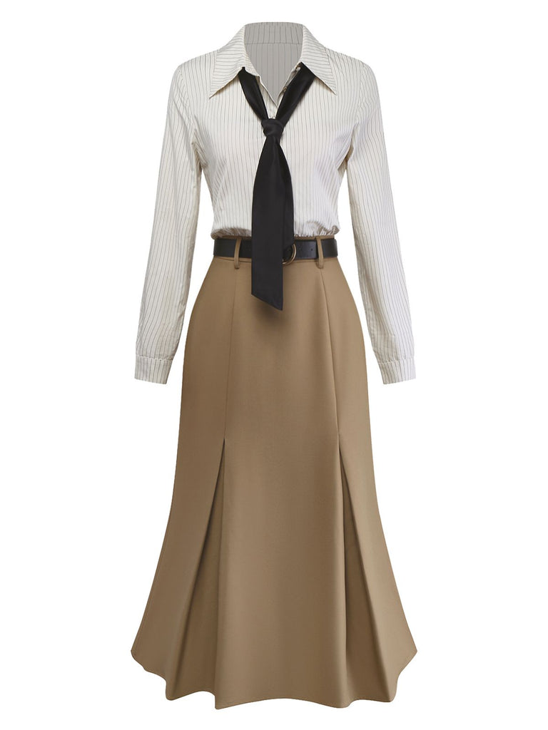 [Prevendita] Abito con cravatta staccabile e camicetta a righe cachi anni '30