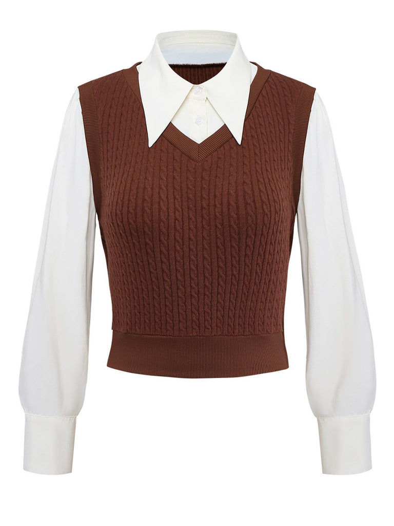 Camicetta in maglia finto-2 pezzi marrone anni '40