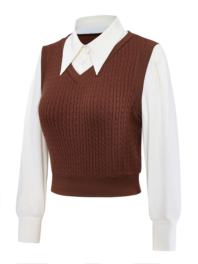 Camicetta in maglia finto-2 pezzi marrone anni '40