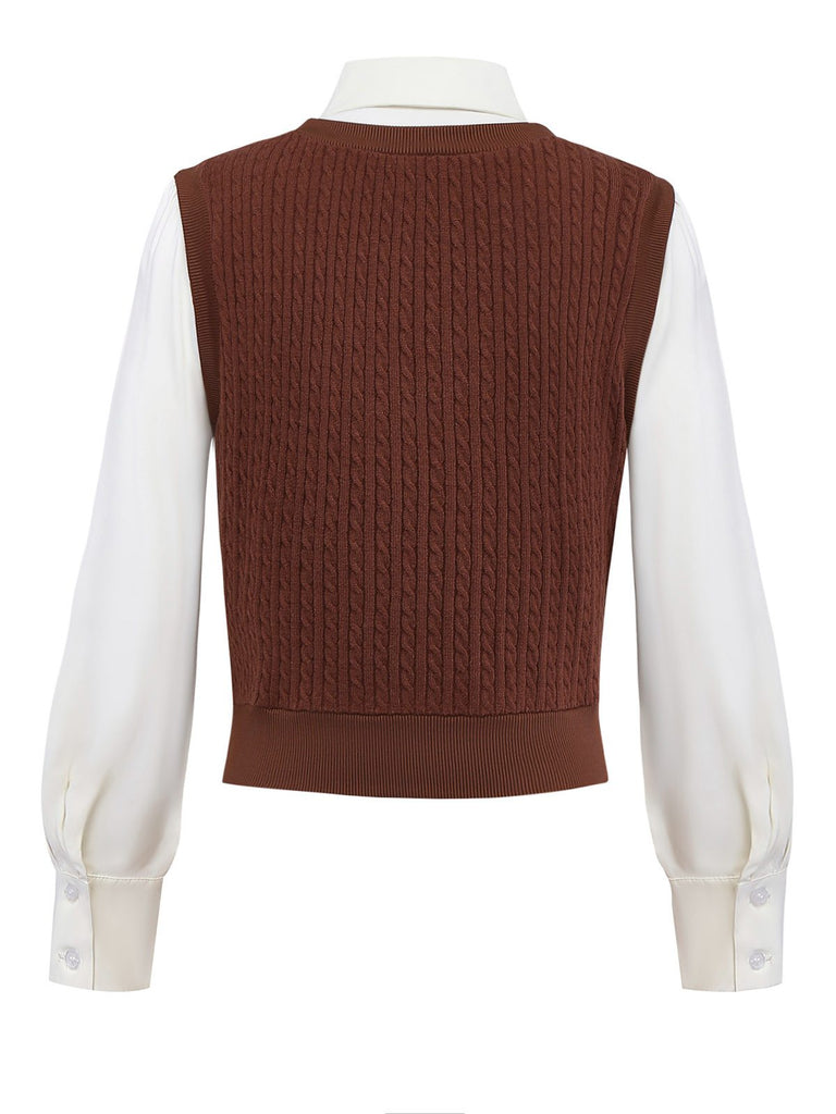 2PCS Camicetta in maglia e gonna quadri marrone anni '40