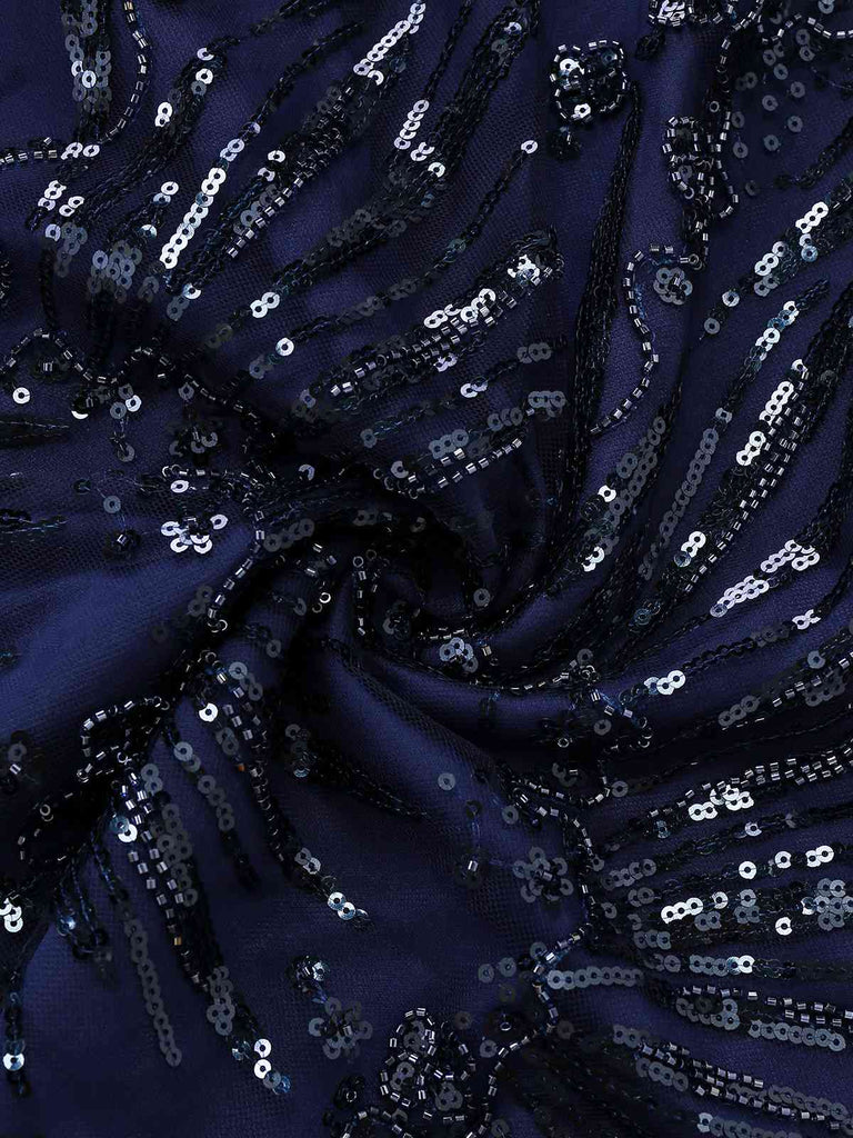 Abito floreale con paillettes ricamate e spalle scoperte blu anni '50