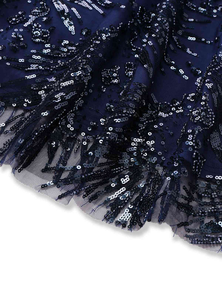 Abito floreale con paillettes ricamate e spalle scoperte blu anni '50