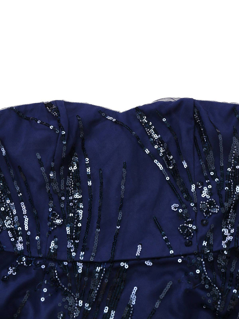 Abito floreale con paillettes ricamate e spalle scoperte blu anni '50