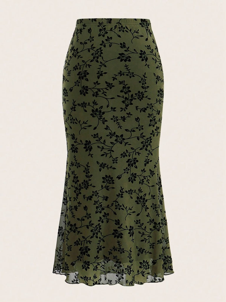 Gonna lunga a sirena con stampa floreale floccata anni '30