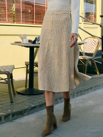 Gonna a trapezio in tweed a quadri con bottoni beige anni '40