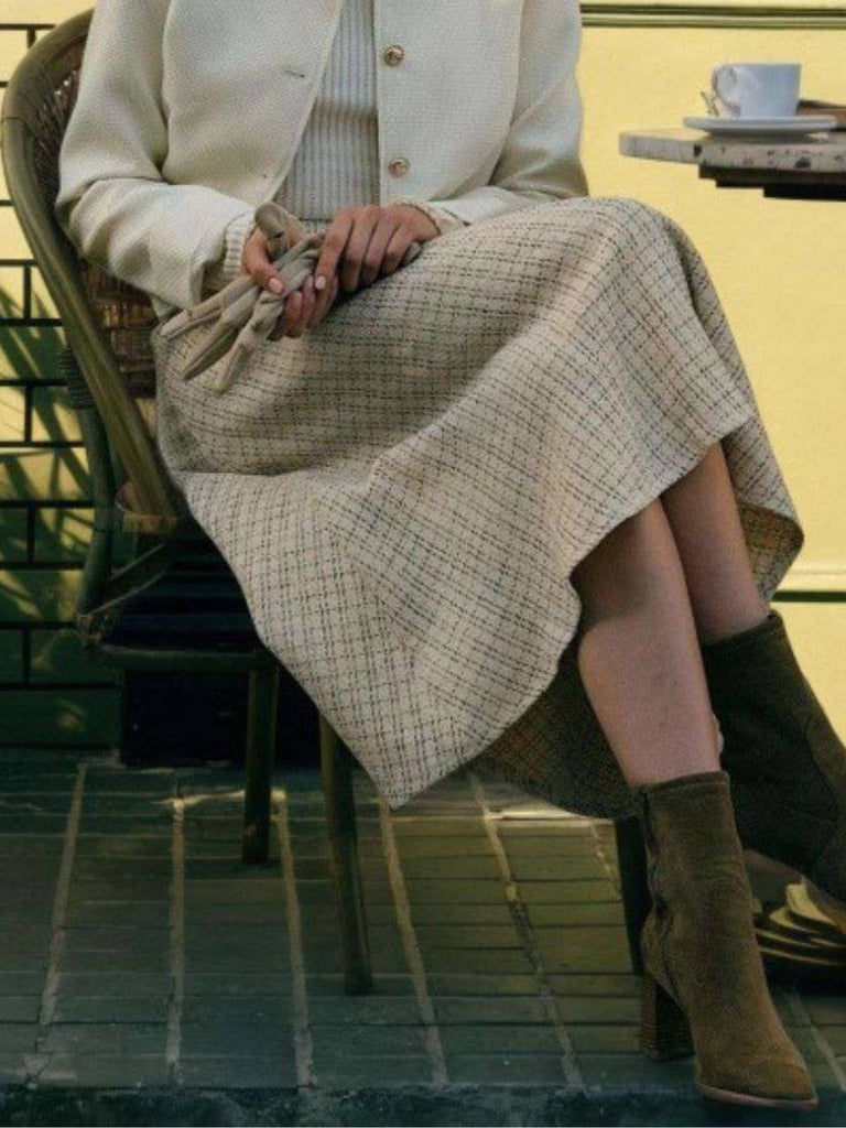 Gonna a trapezio in tweed a quadri con bottoni beige anni '40