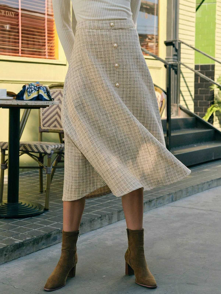 Gonna a trapezio in tweed a quadri con bottoni beige anni '40