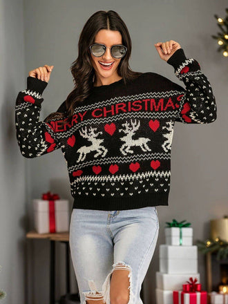 Maglione nero con cuori e renne di Buon Natale anni '30