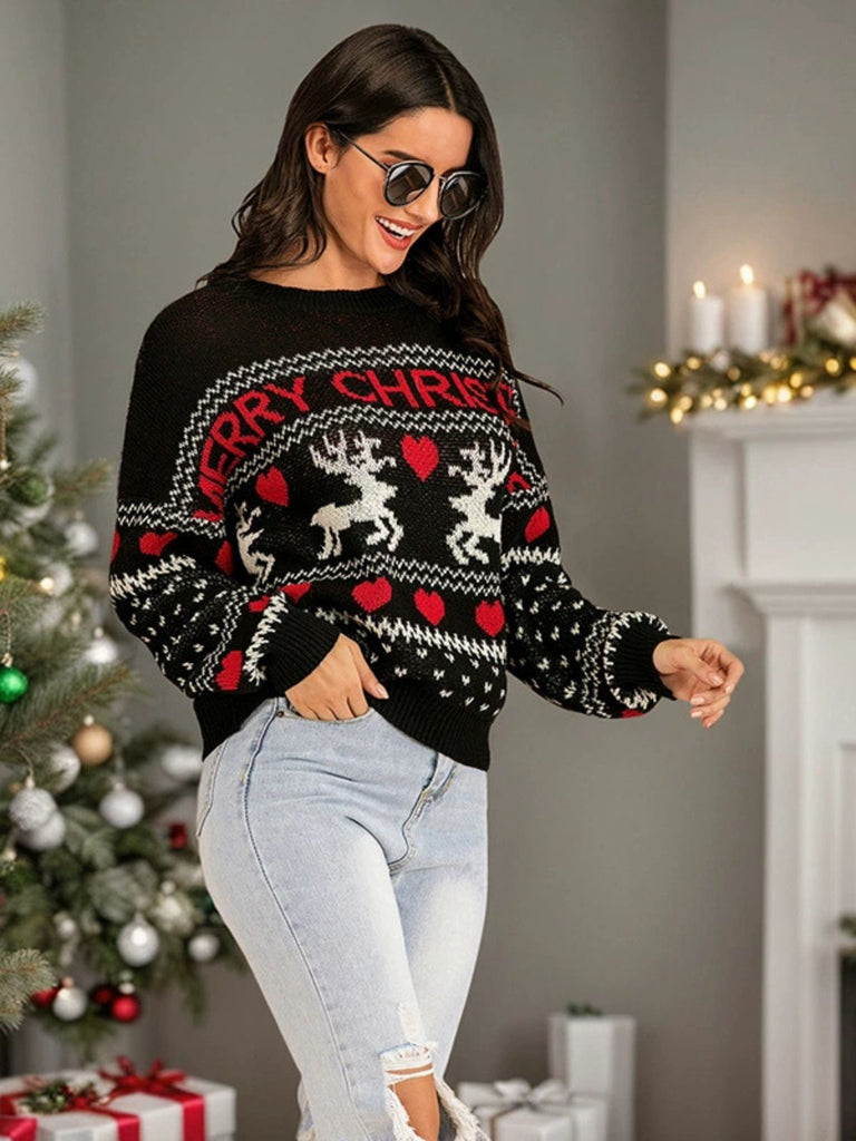 Maglione nero con cuori e renne di Buon Natale anni '30
