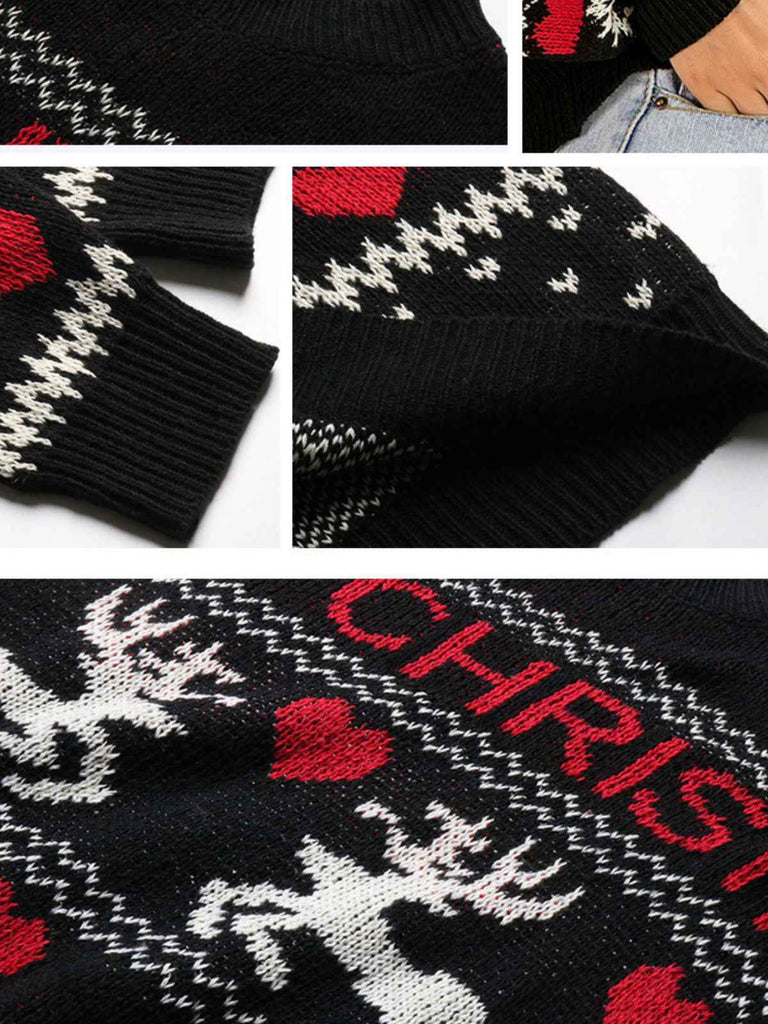 Maglione nero con cuori e renne di Buon Natale anni '30