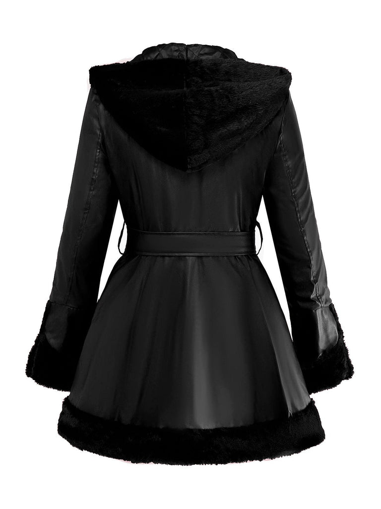 Cappotto con cappuccio in pelle e collo di pelliccia anni '50