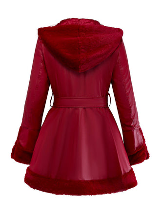 Cappotto con cappuccio in pelle e collo di pelliccia anni '50