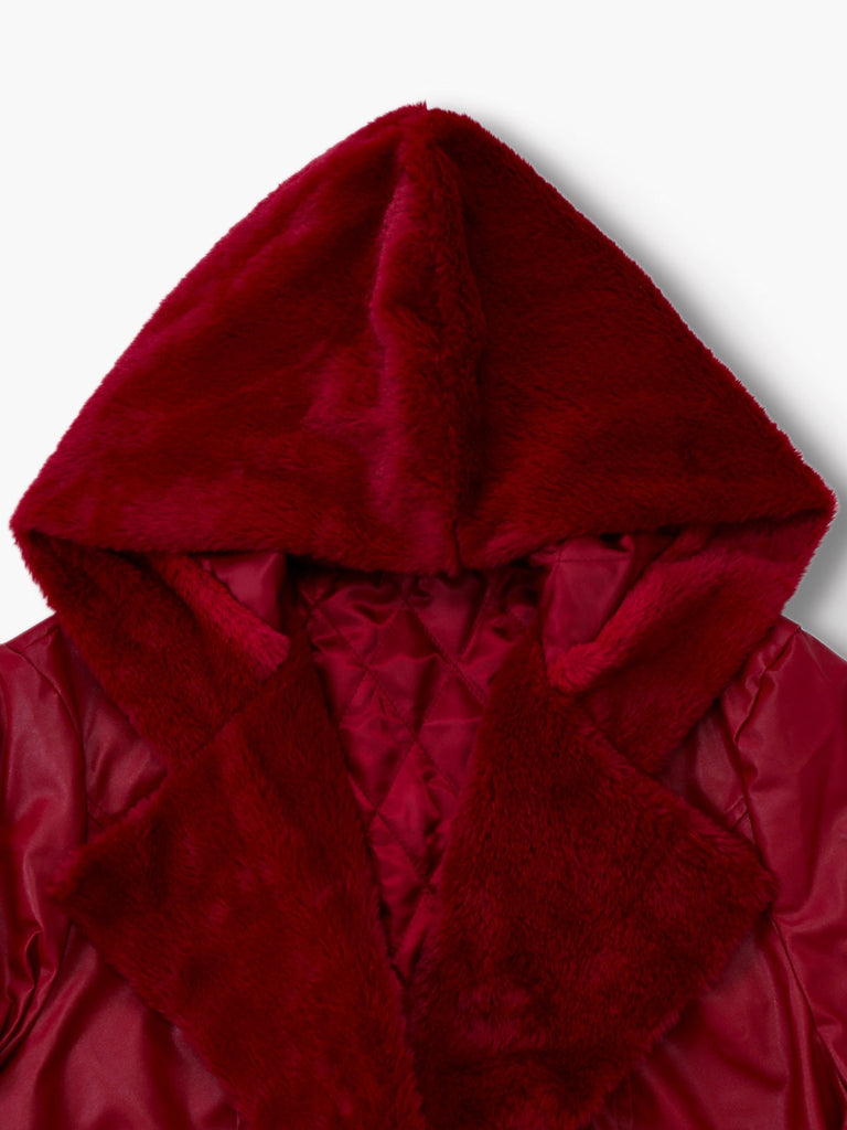 Cappotto con cappuccio in pelle e collo di pelliccia anni '50