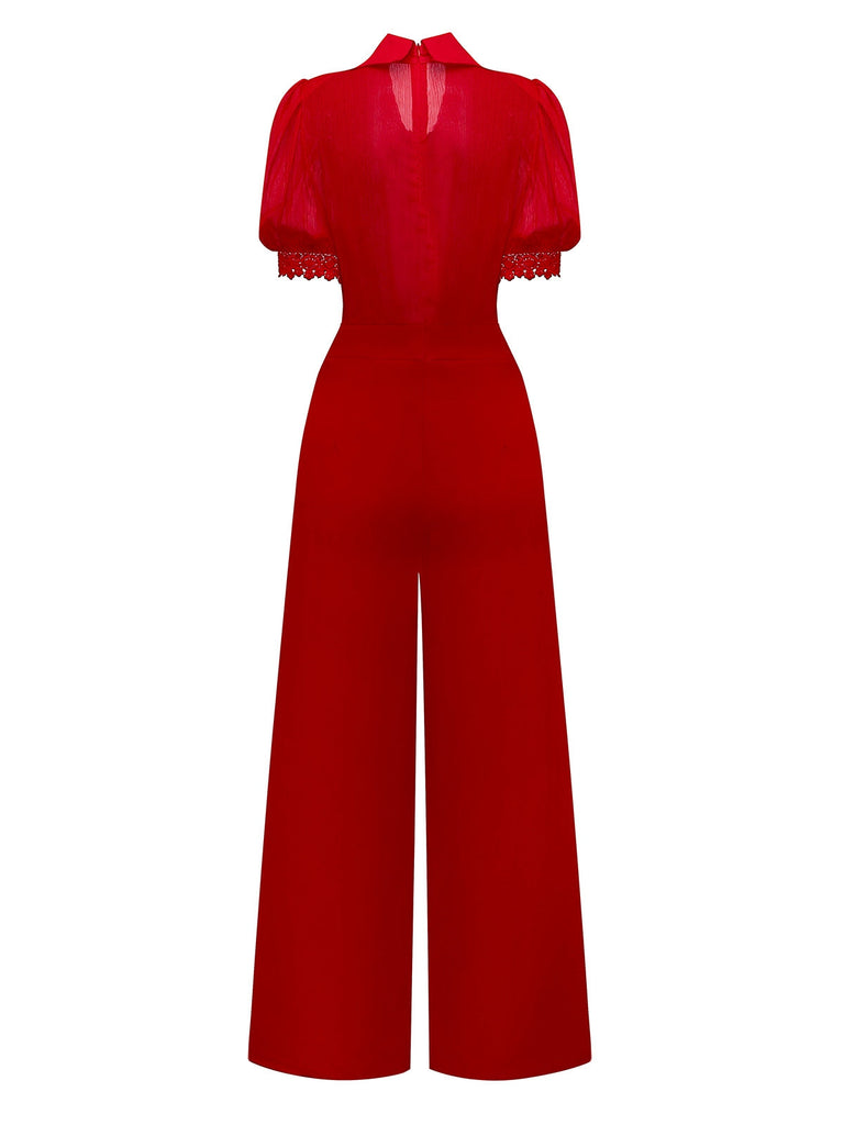 Tuta lunga con collo annodato in pizzo floreale e revers anni '50