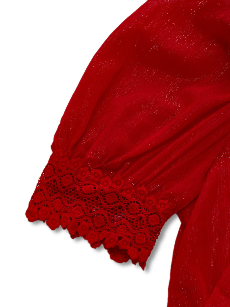 Tuta lunga con collo annodato in pizzo floreale e revers anni '50