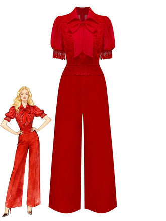 Tuta lunga con collo annodato in pizzo floreale e revers anni '50