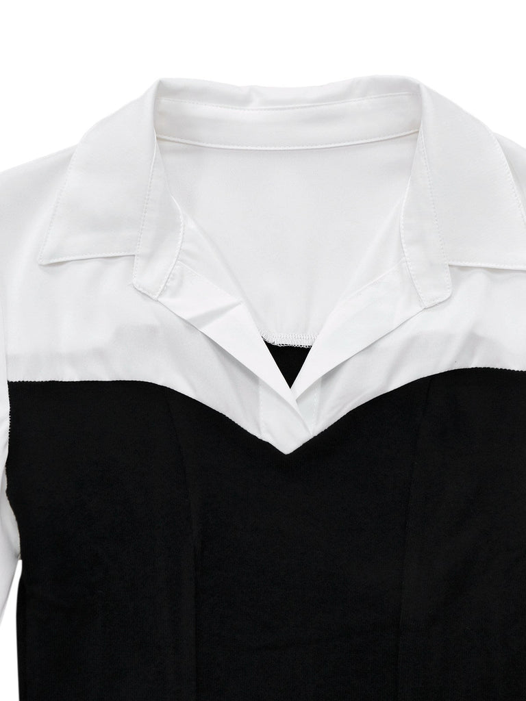 Abito con revers plissettato colorblock in bianco e nero anni '60