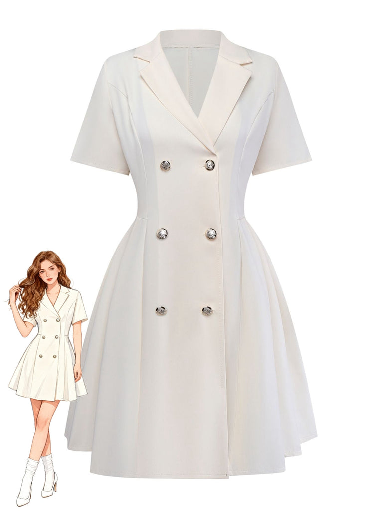 Abito a pieghe con revers doppiopetto beige anni '70