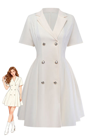 Abito a pieghe con revers doppiopetto beige anni '70