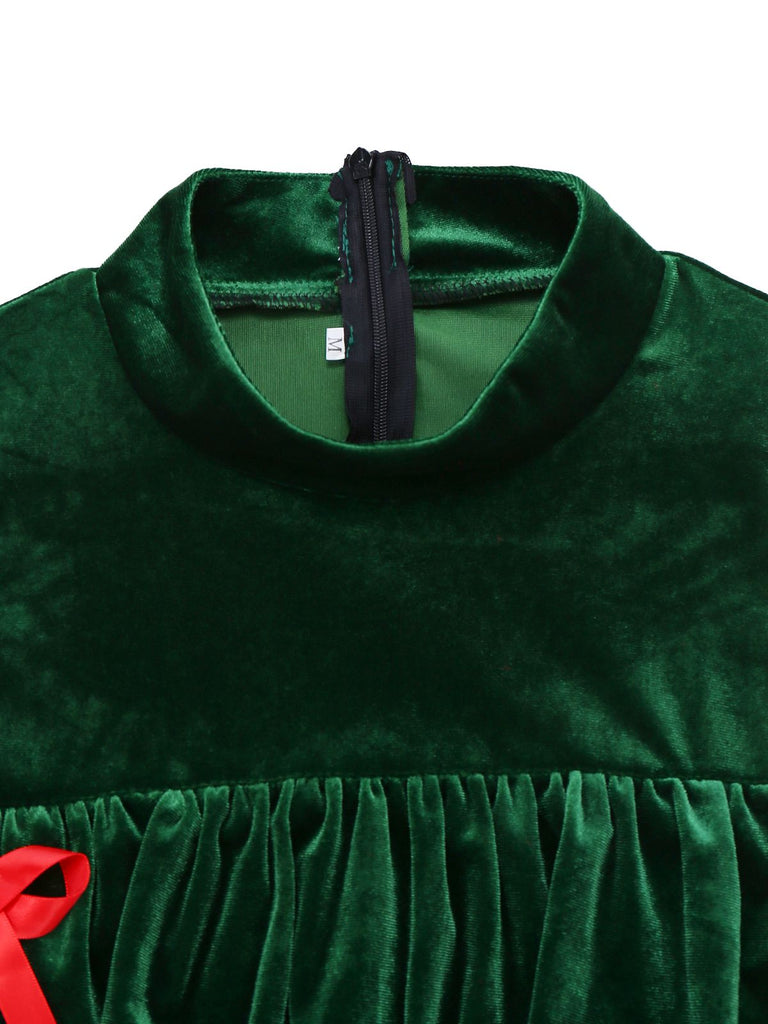 Abito a balze  in velluto con collo alto e fiocco verde anni '60