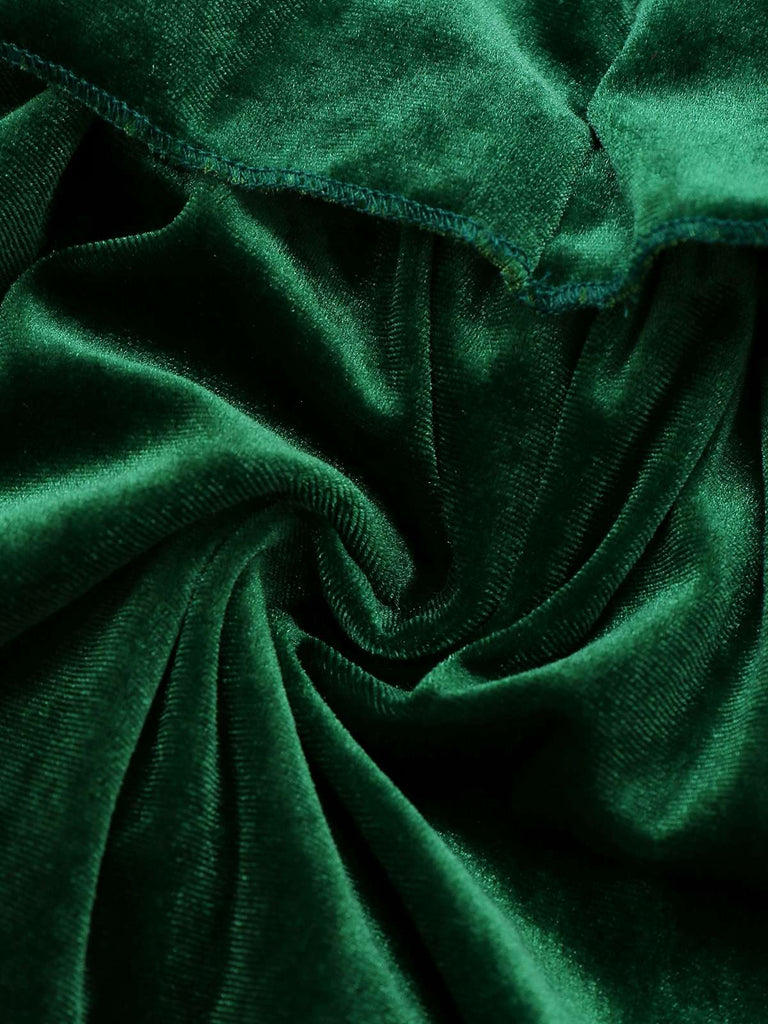 Abito a balze  in velluto con collo alto e fiocco verde anni '60