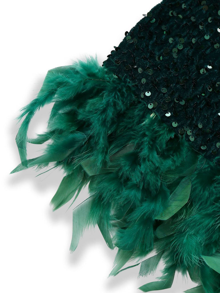Abito aderente con piume e paillettes verde anni '60