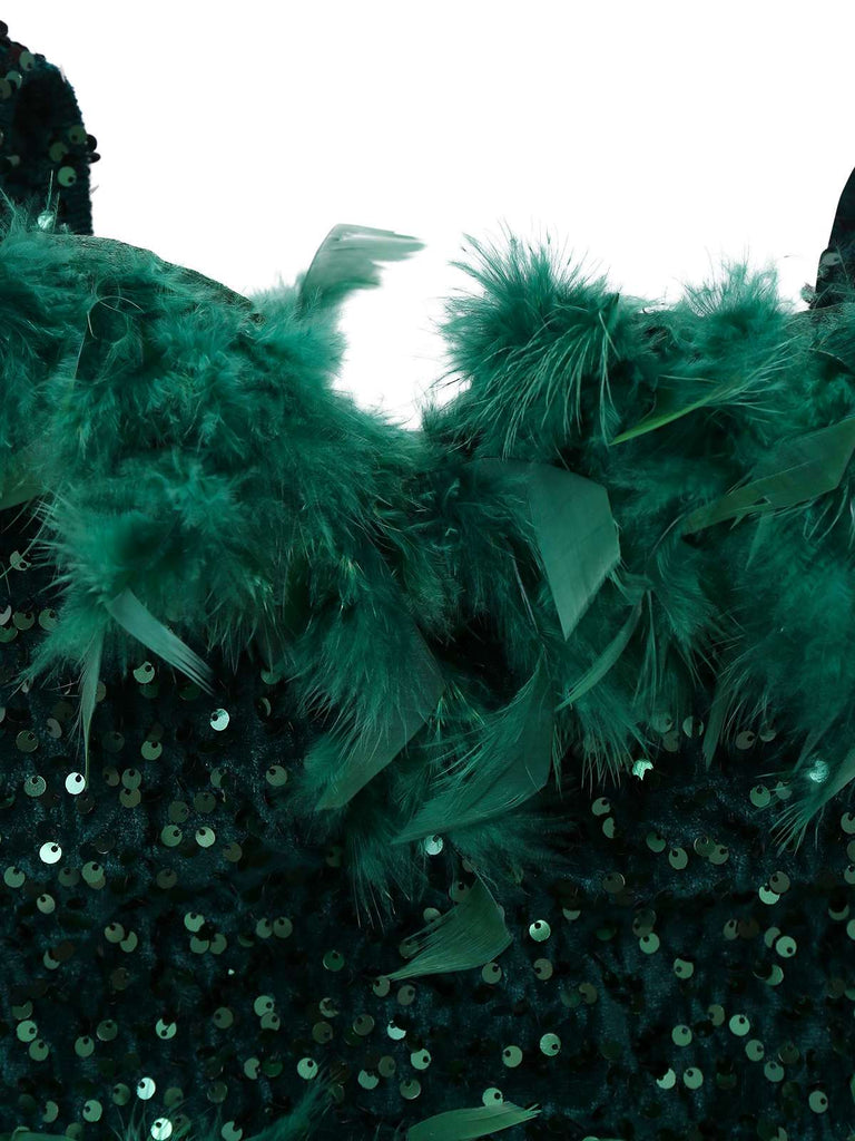 Abito aderente con piume e paillettes verde anni '60