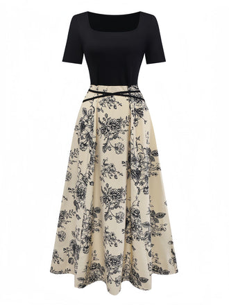 Abito floreale in maglia con scollo quadrato cachi anni '70