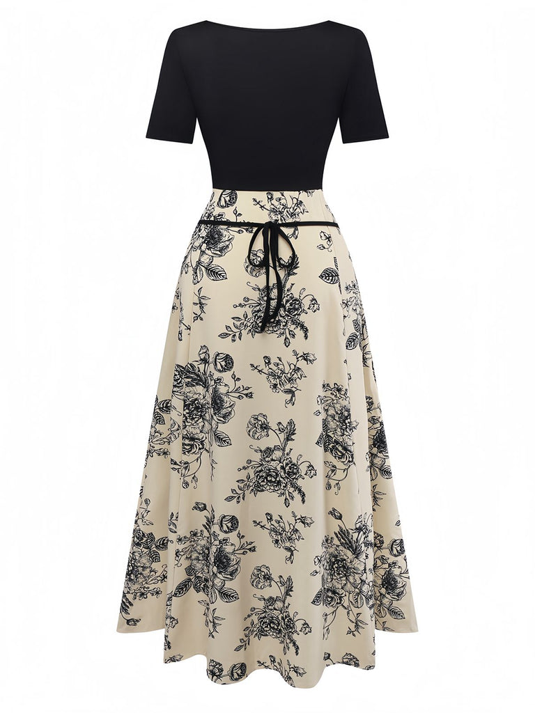 Abito floreale in maglia con scollo quadrato cachi anni '70