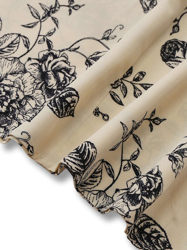 Abito floreale in maglia con scollo quadrato cachi anni '70