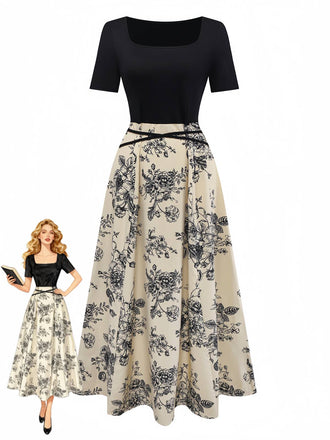 Abito floreale in maglia con scollo quadrato cachi anni '70