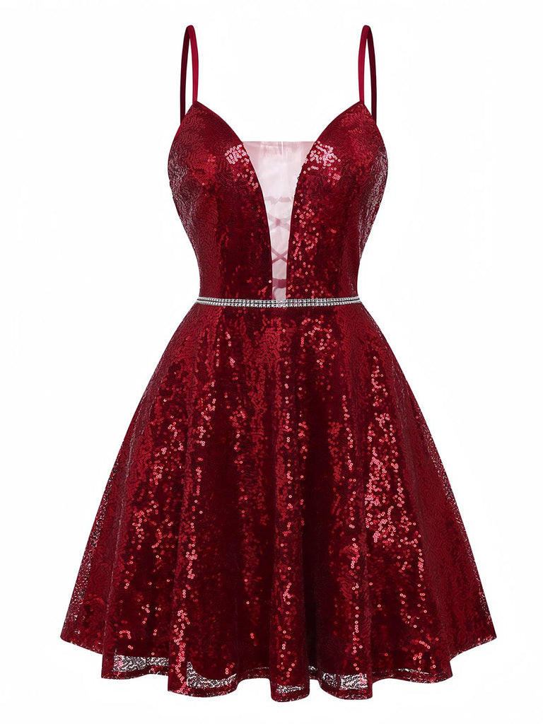 Abito paillettes in rete con scollo a V profondo bordeaux anni '50