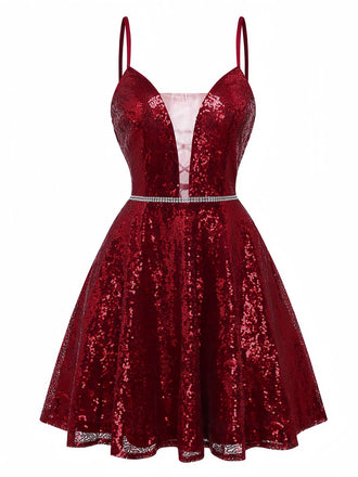 Abito paillettes in rete con scollo a V profondo bordeaux anni '50