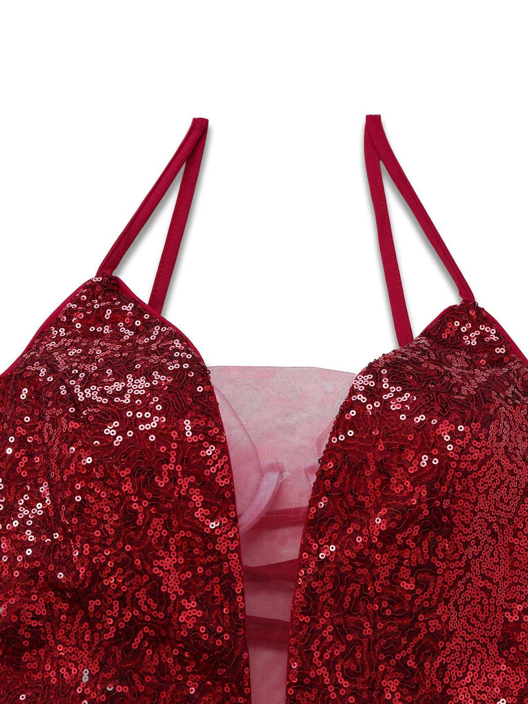 Abito paillettes in rete con scollo a V profondo bordeaux anni '50