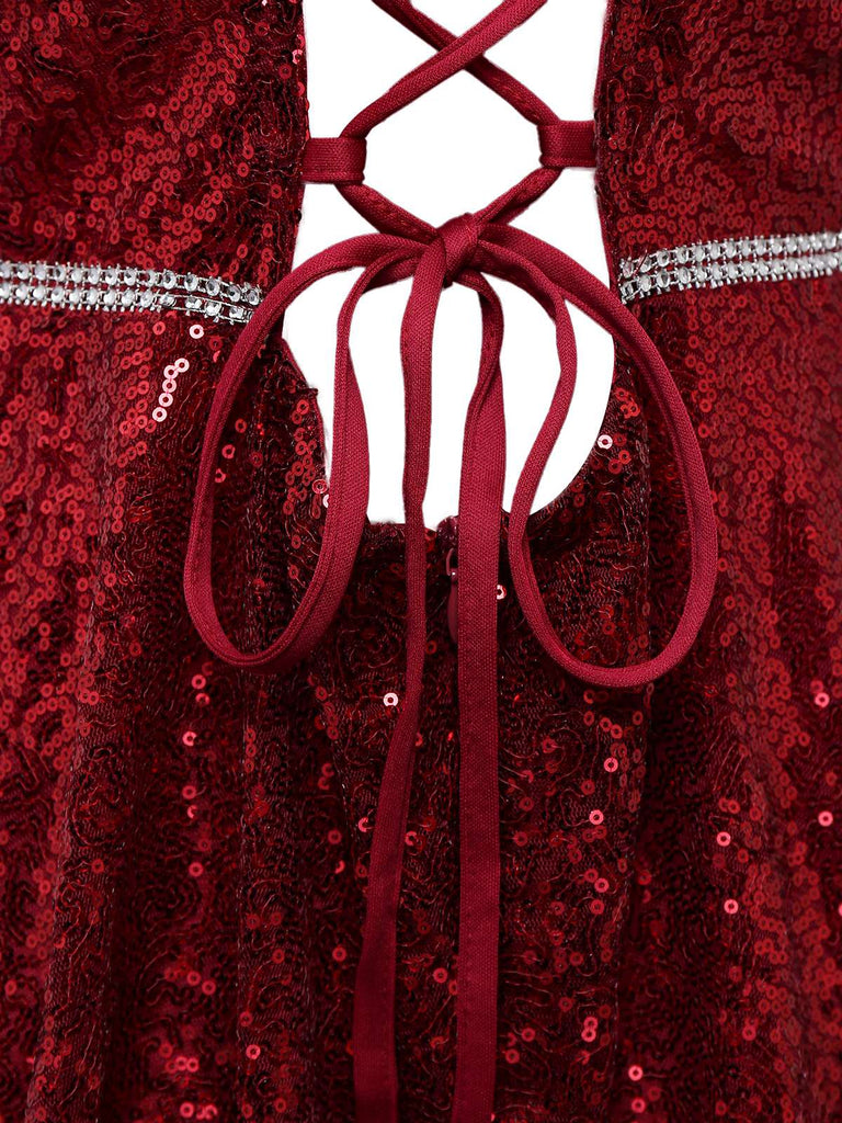 Abito paillettes in rete con scollo a V profondo bordeaux anni '50