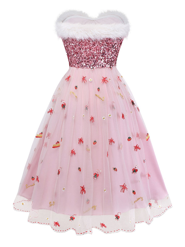 [Prevendita] Abito in rete con paillettes e senza spalline natalizio rosa anni '50