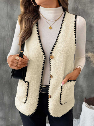 Gilet con tasca e rilegatura in finta lana beige anni '50