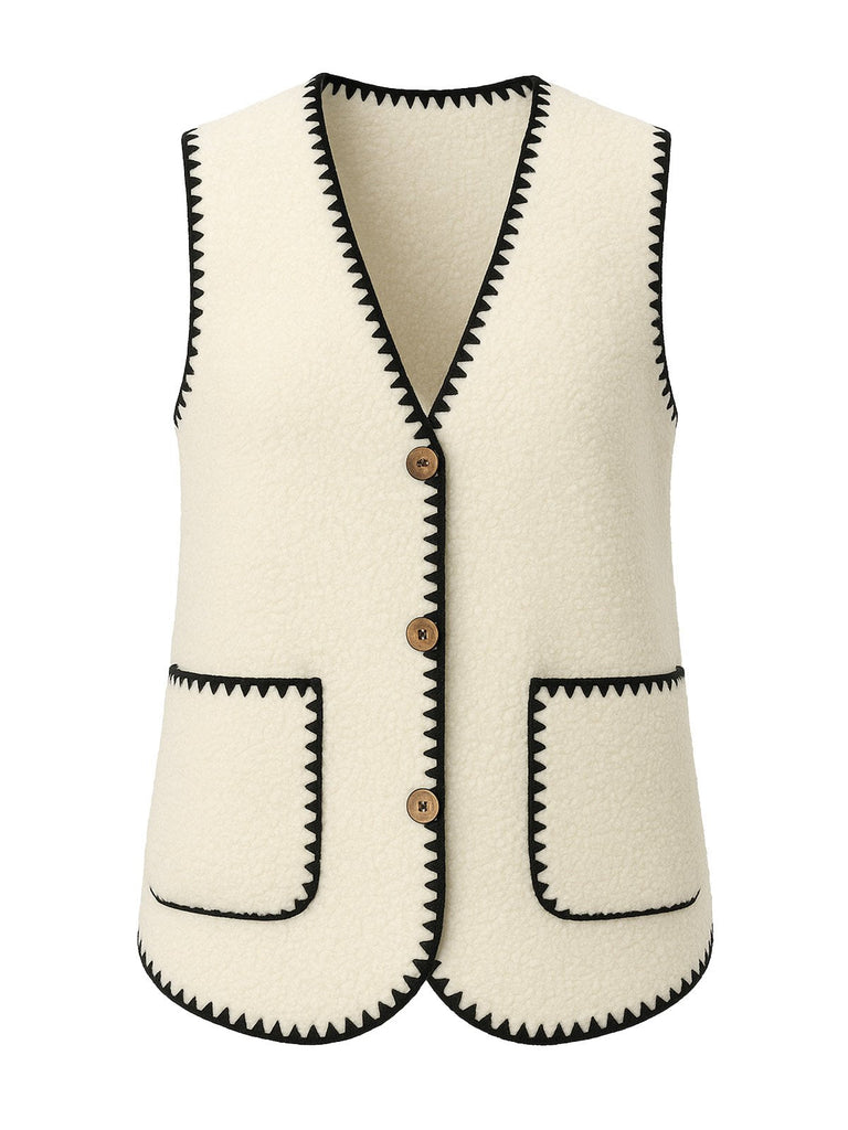 Gilet con tasca e rilegatura in finta lana beige anni '50