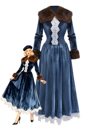 Abito in velluto patchwork di pizzo e pelliccia sintetica blu anni '30