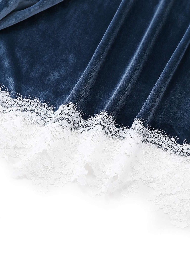 Abito in velluto patchwork di pizzo e pelliccia sintetica blu anni '30