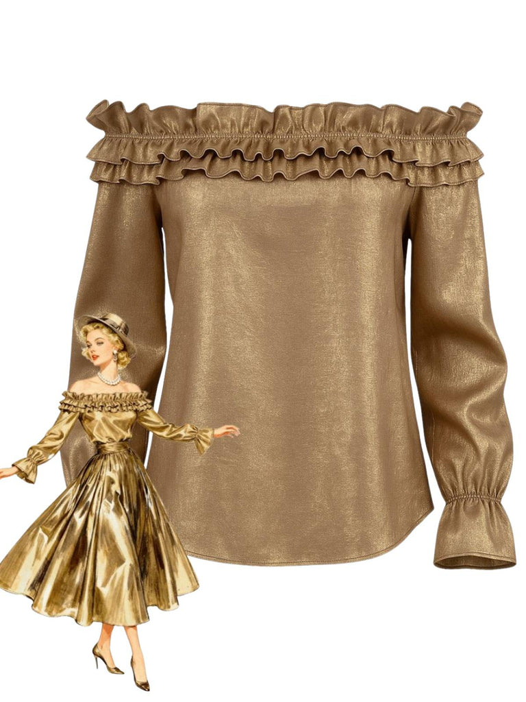 Top scintillante con volant e spalle scoperte oro anni '50