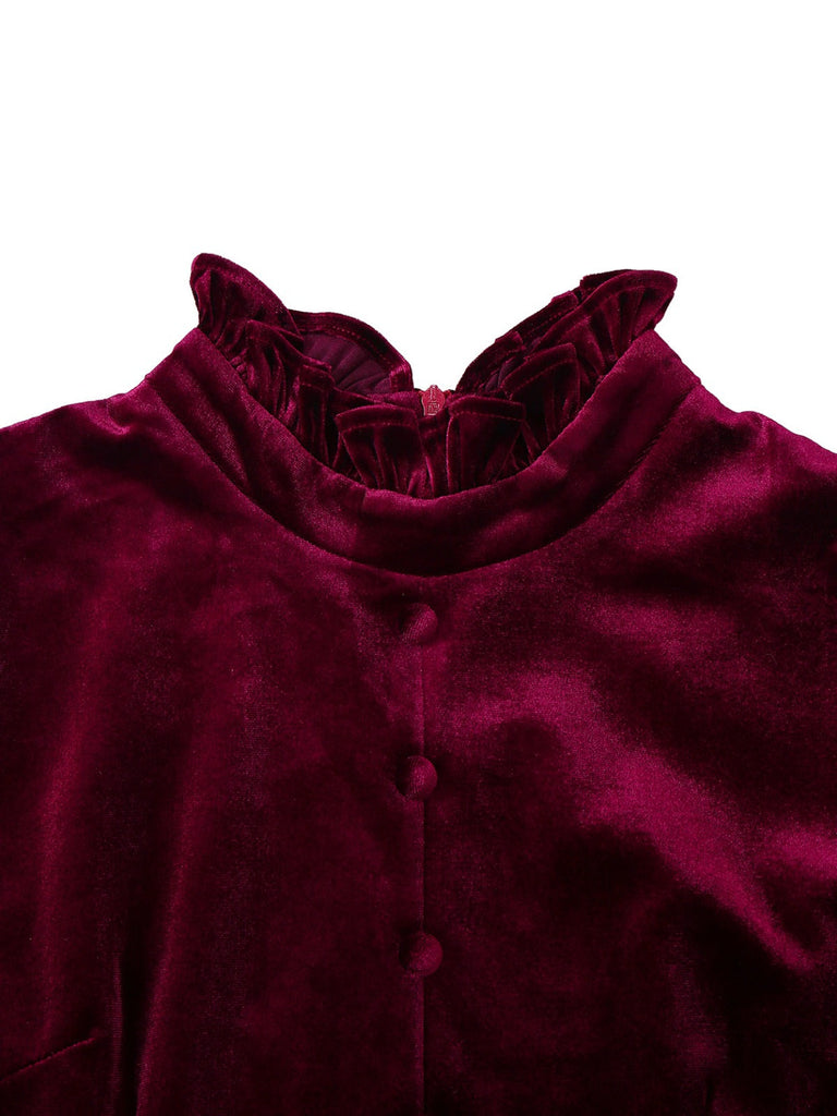 Abito in velluto con maniche a lanterna e colletto arricciato rosso anni '50