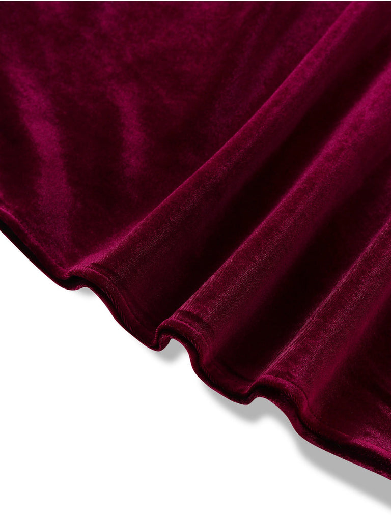 Abito in velluto con maniche a lanterna e colletto arricciato rosso anni '50