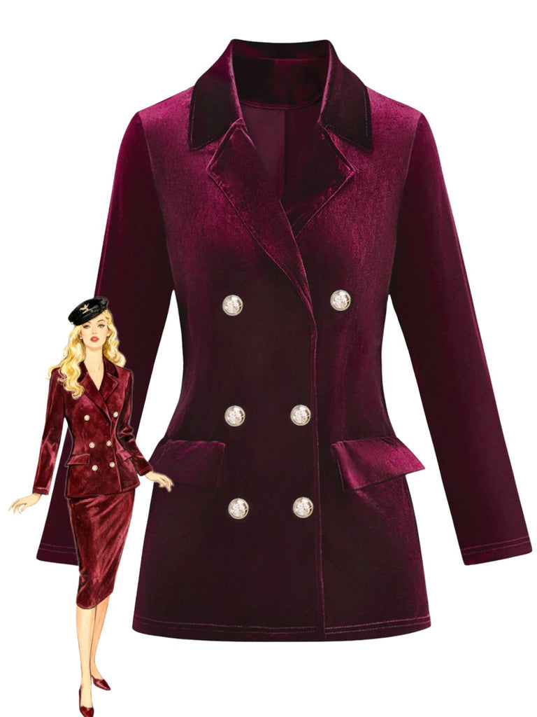 Blazer doppiopetto con revers in velluto tinta unita anni '80