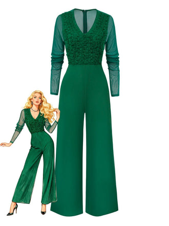 Tuta lunga volant con scollo a V profondo e maniche trasparenti anni '50