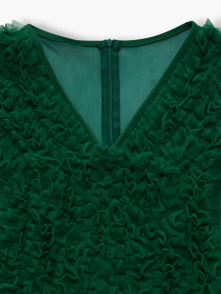 Tuta lunga volant con scollo a V profondo e maniche trasparenti anni '50