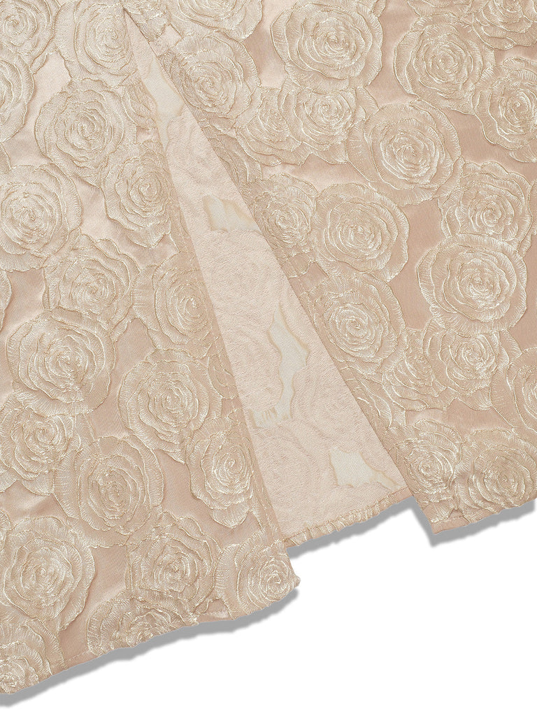 Abito in jacquard rosa con fiocco e scollo a V champagne anni '30