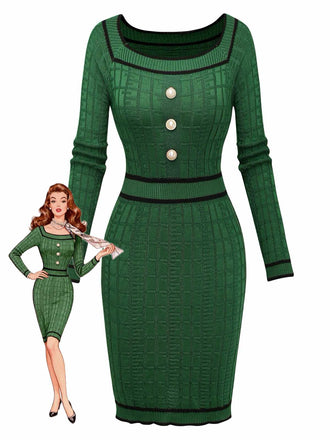 Abito in maglia con bottoni di perle e scollo quadrato anni '60