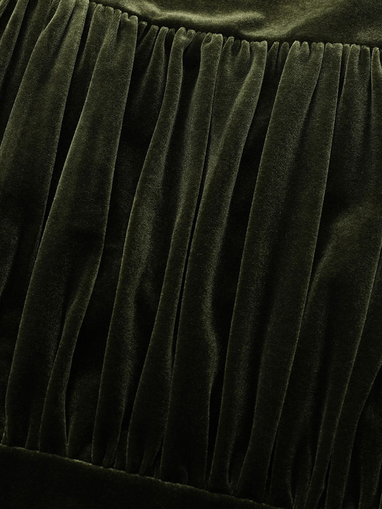 Abito in velluto con scollo a V profondo arricciate verde anni '40